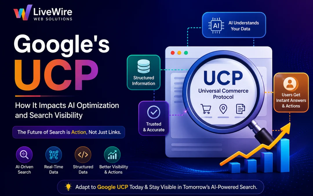 Illustration showing AI-driven search, structured business data, and online visibility trends